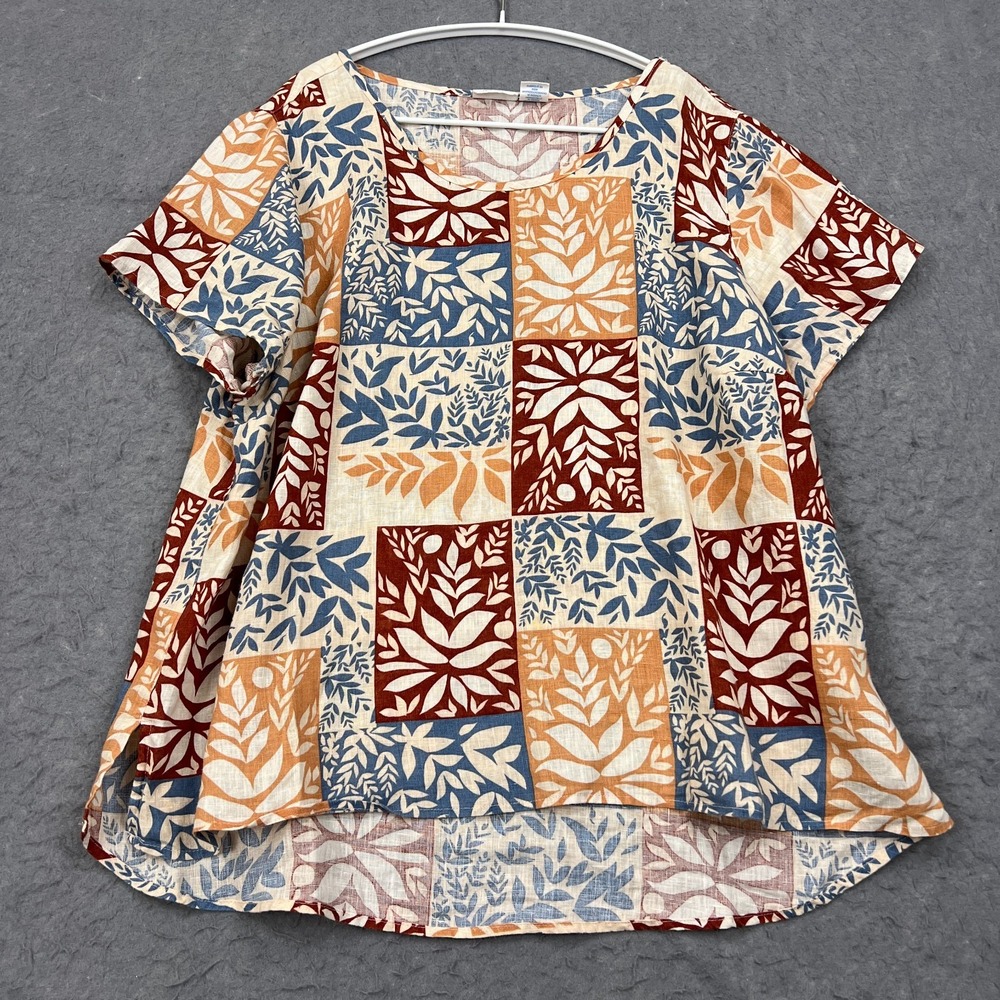 Sigrid Olsen Top Womens 1X 100% Linen Floral Patchwork Shirt Relaxed Airy Beach